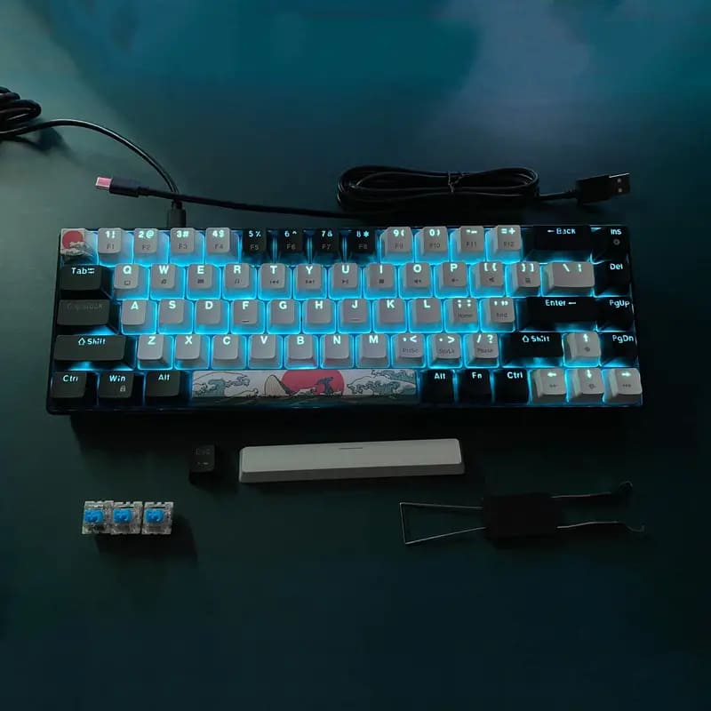 68 Keys Portable Mechanical Gaming Keyboard, Sea Blue LED Backlit Compact Mini Wired Office Keyboard